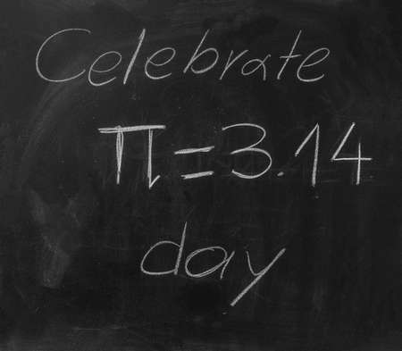 Pi number day, Celebrate Pi text chalk drawing on a school black board. Greek letter symbol and mathematical constant handwritingの写真素材