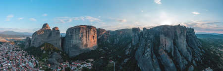 Greece Meteora landscape panoramic aerial view. Kalabaka village and famous rock formations. Europe...