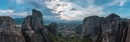 Greece Meteora landscape panoramic aerial view. Kalabaka village and famous rock formations. Europe travel destinationの写真素材
