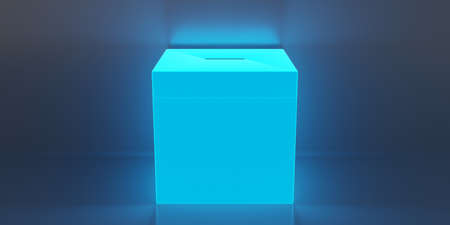 Election concept. Glowing ballot box with a slot on dark blue background, space for text, front...