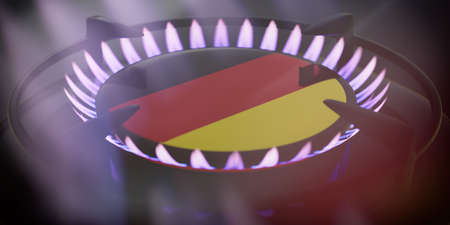 Natural Gas supply in Germany, cooking cost concept. Burning gas, kitchen stove burner with German...
