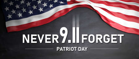 9 11 Never Forget. USA Patriot Day. Text and United States America flag on black background. Remember September 11, 2001. 3d renderの写真素材