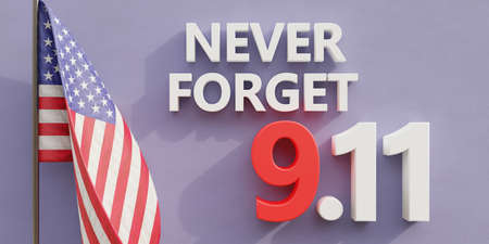 9 11 USA Never Forget text and United States America flag on blue background. Patriot Day. Remember September 11, 2001. 3d renderの写真素材