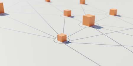 Social media networking concept. Pink cubes linked to each other with blue line on white background....