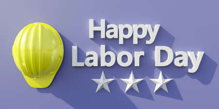 Happy Labor Day. Construction yellow color safety helmet and white text on blue background. 3d renderの写真素材