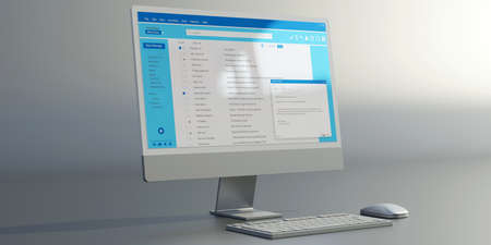 Email message communication. Client mail list on computer desktop monitor, pc keyboard on office...