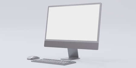 Computer desktop monitor, PC empty blank screen, keyboard and mouse isolated on white. advertise mockup. 3d renderの写真素材