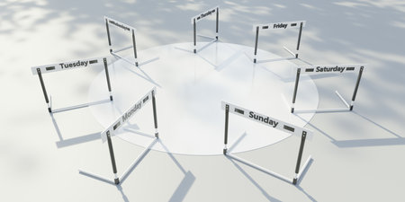 Everyday hurdling. Week days names on sport hurdles in a circle, above view. 3d renderの写真素材
