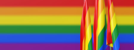 Pride flags on poles, LGBT rainbow colors background, banner. 3d render