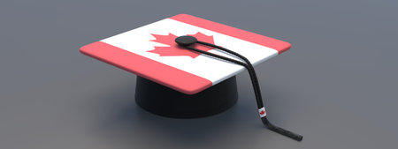 College and high school in Canada. Canadian flag student Graduation mortarboard on black background. 3d renderの写真素材