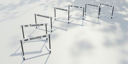 Everyday hurdling. Week days names on sport hurdles view from above. 3d render