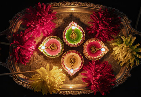 Diwali, Deepavali Hindu Festival of lights celebration. Diya oil lamp lit on traditional Puja thali, top view.の写真素材