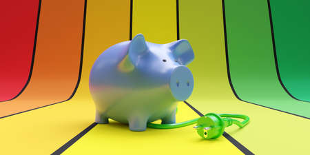 Green plug and piggy bank on energy efficiency chart background. House electricity cost saving. 3d...