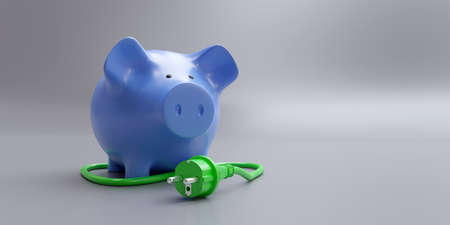 Green power plug and piggy bank on grey color background, copy space. House electricity cost saving. 3d renderの写真素材