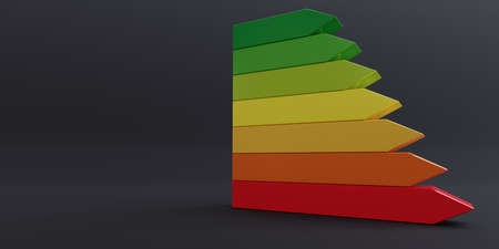 Energy efficiency scale. Energy class bars on black color background, copy space, 3d renderの写真素材