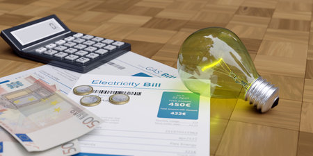 Electricity and gas bills, euro banknotes, light bulb and calculator on table. Household cost calculation concept. 3d renderの写真素材