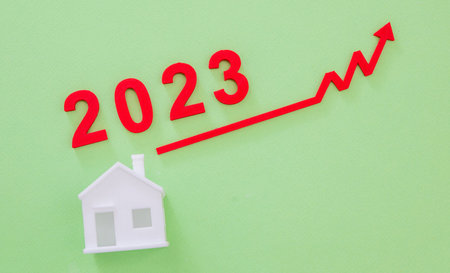 Real estate market inflation and price increase in year 2023, House and graph arrow up. Economic...