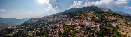 Arachova Greece mountain town aerial panoramic view. Traditional houses tourist resort famous for outdoor activities, Boeotia.の写真素材