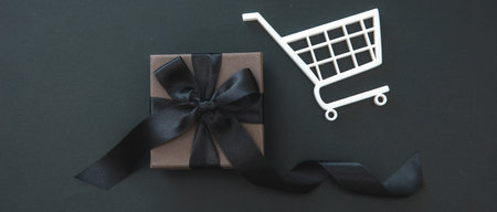 Gift box in a Shopping Cart. Black Friday Sale banner, Christmas presents. E commerce, online shop sales conceptの写真素材