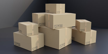 Cardboard boxes closed and sealed with tape stacked on grey black floor. Delivery, storage, distribution concept, 3d renderの写真素材