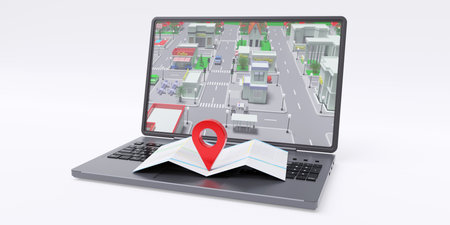 Navigation application. Computer laptop isolated on white. Pin icon on map with GPS location. City...
