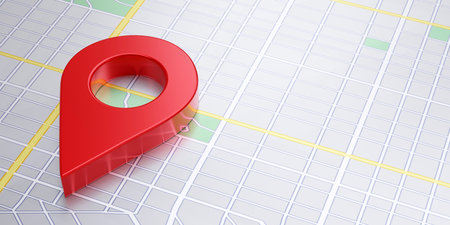 Location pin icon on a map background. Red GPS navigation pointer, travel, route direction and place...