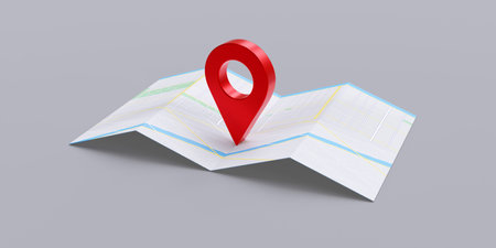 GPS navigation pointer on a paper map, grey background, Red Location pin icon, travel, route...