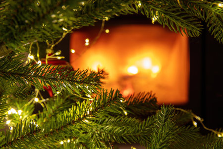 Christmas background. Xmas tree and lights close up view, burning fireplace, copy space.