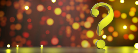 Questionmark yellow on bokeh lights background, copy space. Punctuation mark, solution choice concept. 3d renderの写真素材