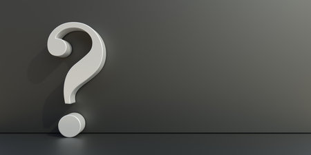 Questionmark white on black wall and floor background, copy space. Punctuation mark, solution choice concept. 3d renderの写真素材