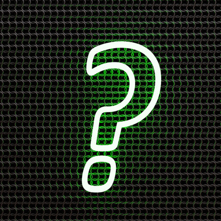 White questionmark on green lighted repeated pattern metal neon background. Query, question, wonder...