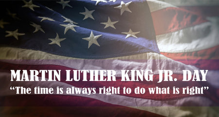 Martin Luther King Jr. Day celebration. MLK quote, Text on US flag background. The time is always...