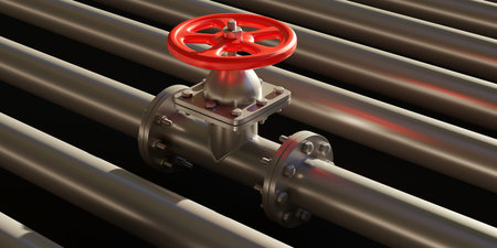 Pipeline faucet, pipe and valve for natural gas, close up view. Industrial steel piping system, red metal faucet for water, oil, petrol supply. 3d renderの写真素材