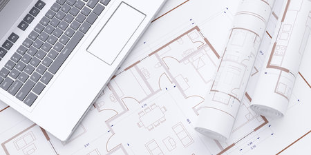 Architecture blueprint drawings and computer laptop,  top view. Construction digital design,...