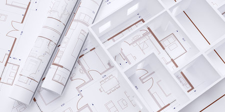 House floor plan and model, construction concept. Architecture blueprint drawings background, top...