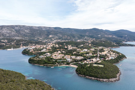 Sivota Greece. Aerial view of Syvota sandy beaches, Epirus Ionian coast. Blue cloudy sky. Summer vacation destinationの写真素材