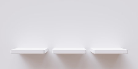 Three shelf empty white in row isolated cutout on white color wall background. Store goods presentation, exhibition equipment, ad template. 3d renderの写真素材