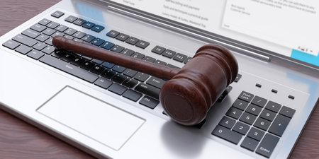 Online Auction, Cyber legislation concept. Wooden judge gavel on laptop keyboard background. Brown color law hammer on pc keypad. Above view. 3d renderの写真素材