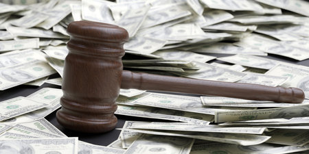 Wooden judge gavel on hundred dollar banknote background. Brown color hammer, auction or law symbol, judgment of corruption, bribe. 3d renderの写真素材