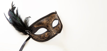 Carnival mask brown color with black feather decoration isolated on white backgroundの写真素材
