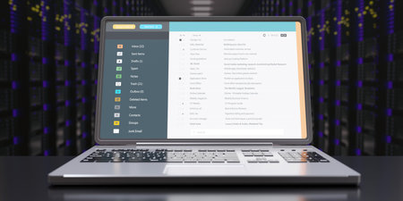 Client mail list on computer laptop screen data center background. Email message communication. 3d...