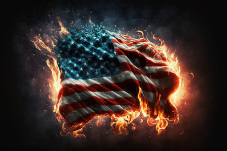 United states of America flag burning in flames on black background. 3D renderingの素材