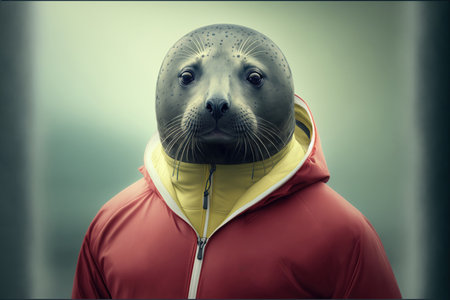 Portrait of a seal in a red jacket and raincoat.の素材