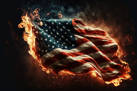 Burning United States of America flag with smoke and fire on dark backgroundの素材