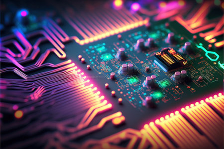 Close-up of electronic circuit board. Technology background. 3D renderingの素材