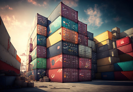 Container Cargo freight ship with working crane bridge for Logistic Import Export background.の素材