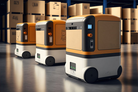 3d rendering of a row of self-service robots in warehouseの素材