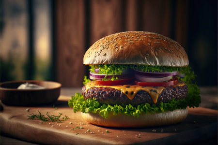 Hamburger with fresh vegetables on wooden background. Toned.の素材