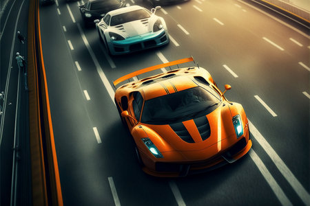 3d rendering of orange sport car on the road with motion blurの素材