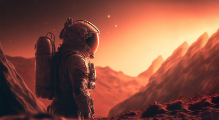 Astronaut on the background of the mountains. 3d renderingの素材